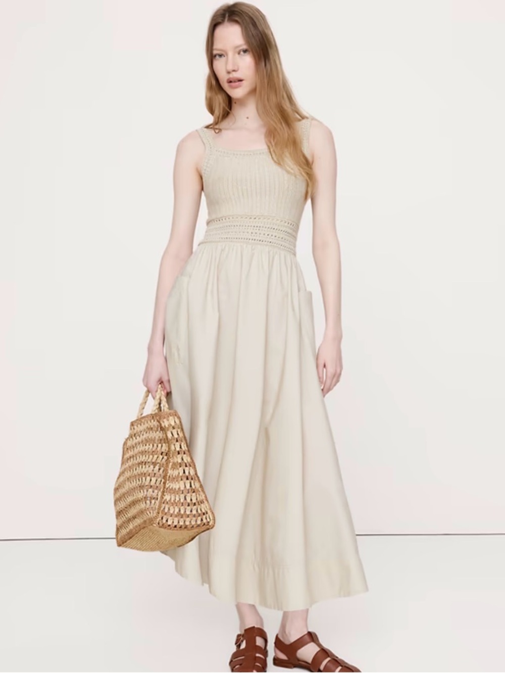 (Copy) NWT BANANA REPUBLIC CROCHET & COTTON POPLIN MIXED-MEDIAMIDI DRESS Size XS